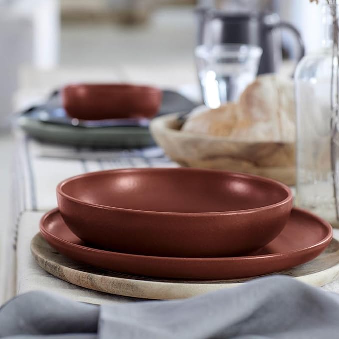 Casafina Ceramic Stoneware 18-Piece Place Setting Service for 6 with Pasta Bowls - Pacifica Collection Cayenne | Microwave &amp Dishwasher Safe Dinnerware Set | Food Safe Restaurant Quality Tablewar
