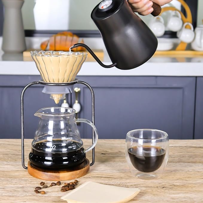 SOTECH Pour Over Coffee Dripper Set Filter Holder Glass Server with Paper Coffee Filters Manual Stand for Tea and Saffron