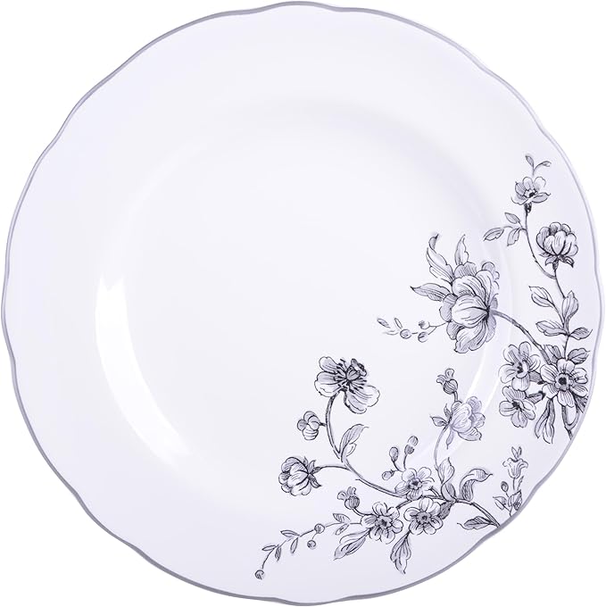 222 Fifth 12-Piece Porcelain Dinnerware Set for 4 White &amp Black Plates and Bowls Set Glossy Ceramic Dish Set with Delicate Floral Design Elegant Kitchen Dishes Microwave &amp Dishwasher Safe