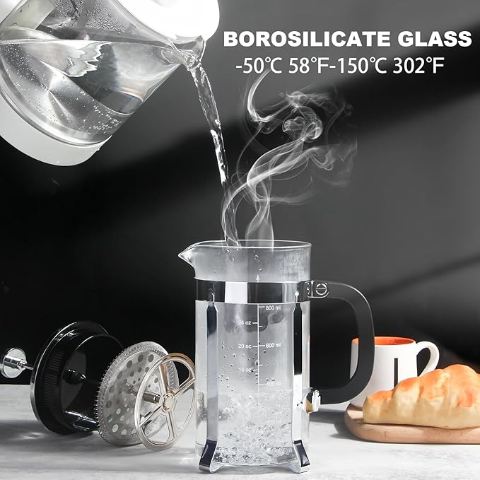 French Press Coffee Maker34oz 304 Stainless Steel with 2 Filter Heat Resistant Durable Easy to Clean Borosilicate Glass Press BPA Free Glass TeaPot-34 Ounce 1 Liter (Chrome)