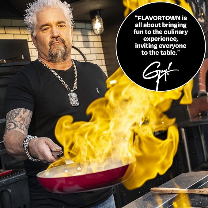 Guy Fieri's Flavortown 6-Piece Ceramic Cookware Set 8 &amp 10.2 Frypans 2QT Saucepan 3.2QT Sautépan Nonstick Made without PFAS PTFE PFOA Oven &amp Dishwasher Safe Easy to Clean Red