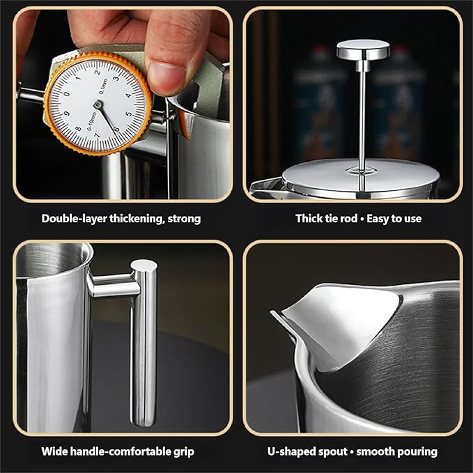 304 Stainless Steel Frenchs Press Coffee Maker Insulated Frenchs Press with Double Filter Systems Food Grade Frenchs Coffee Presses for Homes Kitchen and Travel