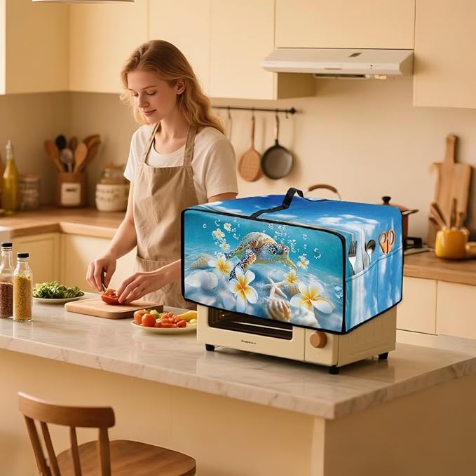 Sea Turtle Print Toaster Oven Air Fryer Cover Plumeria Starfish Print Bread Maker Machine Covers with Side Pockets Kitchen Small Appliance Cover M