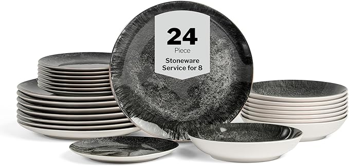 Christian Siriano Onyx 24-Piece Dinnerware Set Porcelain Plates and Bowls Set Hand Wash Dish Dish Set for 8 Black and Gold