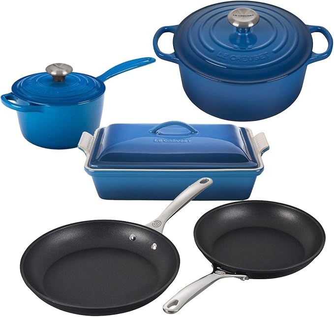 Le Creuset 8 Piece Multi-Purpose Enameled Cast Iron with SS Knobs Stoneware and Toughened Nonstick PRO Fry Pan Complete Cookware Set - Marseille