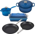 Le Creuset 8 Piece Multi-Purpose Enameled Cast Iron with SS Knobs Stoneware and Toughened Nonstick PRO Fry Pan Complete Cookware Set - Marseille