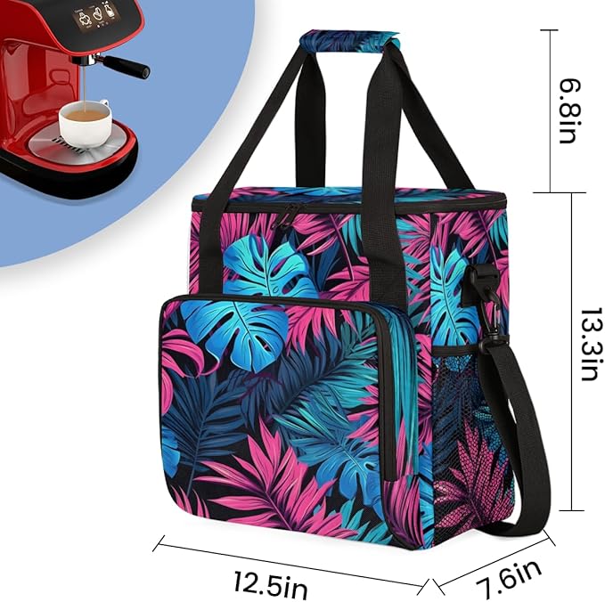 Blue Tropical Leaf Coffee Maker Carrying Bag Portable Travel Storage Tote Bag Compatible with K-Mini or K-Mini Plus Single Serve Coffee Brewer Carrying Case with Multiple Pockets &amp Shoulder Stra