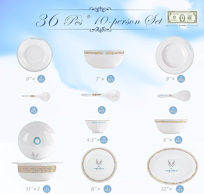 36 Pcs Fine Bone China Dinnerware Set Porcelain &amp Ceramic Dinnerware Sets Bone Stoneware &amp Ceramic Cookware Tableware Set Includes Dinner Plates|Spoons|Pasta Bowls|Soup Pot|Chopsticks