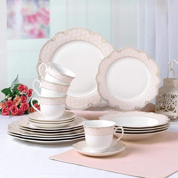 Bone China Dinnerware Set Alexandra 4-person 20-piece Blush Pink and Gold Color