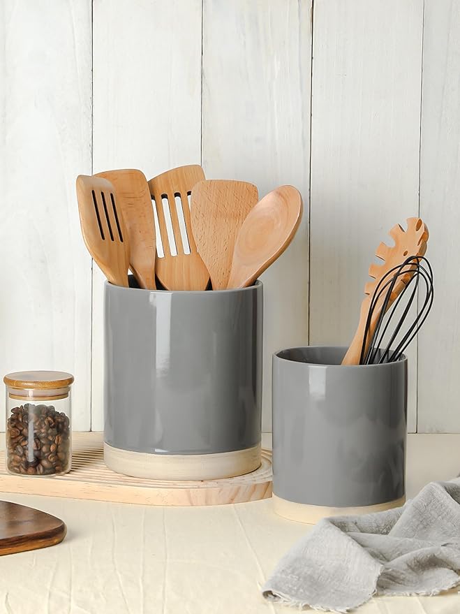 Famiware Milkyway Plates and Bowls Set of 12 and Kitchen Utensil Holder for Countertop Set of 2 14 Pieces Dinnerware Sets Dark Gray