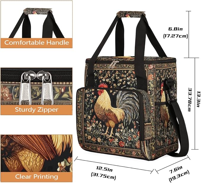 Rooster Embroidery Flowers Coffee Maker Carring Bag Travel Carrying Storage Tote Bag Compatible with Keurig K-Mini or K-Mini Plus Portable Single Serve Coffee Brewer Case with Pockets for K-cup Pods
