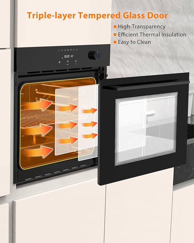24 Electric Built-in Wall Oven - Single Design with 8 Cooking Modes 108 Smart Menus 2.5 Cu.ft Convection Stainless Steel Touch Control Timer Safety Lock 3000W 240V Black