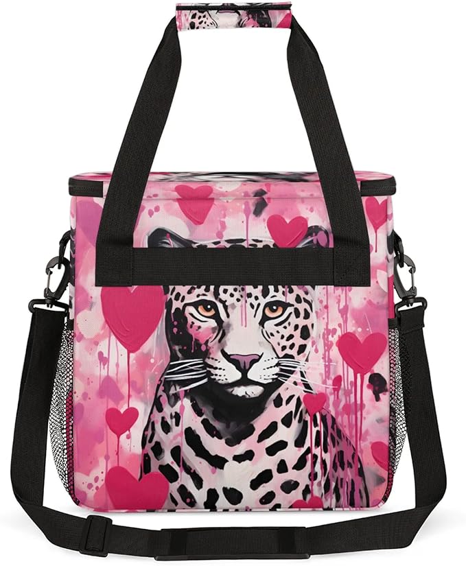 Leopard Love Heart Coffee Maker Travel Bag for Keurig K-Mini/K-Mini Plus Insulated Waterproof Tote with Pockets for K-Cup Portable Single-Serve Brewer Case