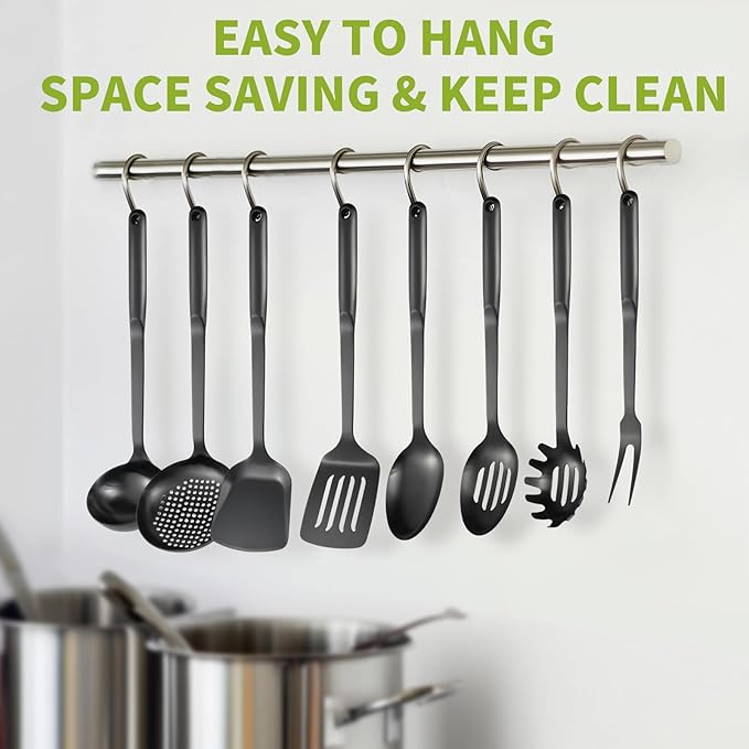 304 Stainless Steel Cooking Utensils Set 8PCS Kitchen Utensils Set Include Skimmer Soup Ladle Spaghetti Server Wok Spatula Slotted Spoon Solid Spoon Slotted Spatula Turner &amp Meat Fork Bla