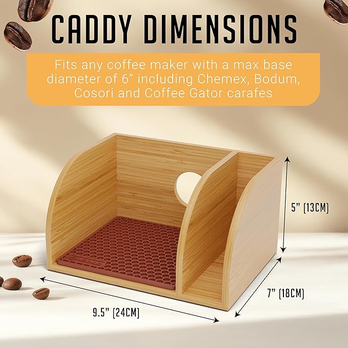 HEXNUB Caddy and Lid for Pour Over Coffee Maker Bamboo Stand fits Chemex Bodum Cosori Carafes Heatproof Mat Filter Holder for Drip Coffee Maker - Brown Mat