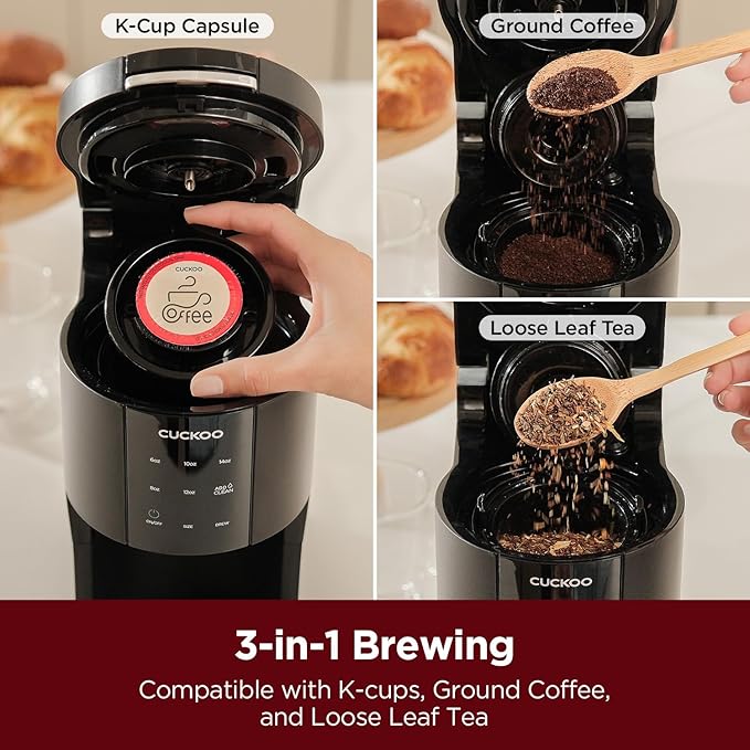 CUCKOO Single Serve Coffee Maker for K-Cup Ground Beans &amp Loose-Leaf Tea Versatile 3-in-1 Pod Coffee Maker Small Single Cup Machine with 5 Sizes and Auto-Clean Mode (CCM-AK011B)