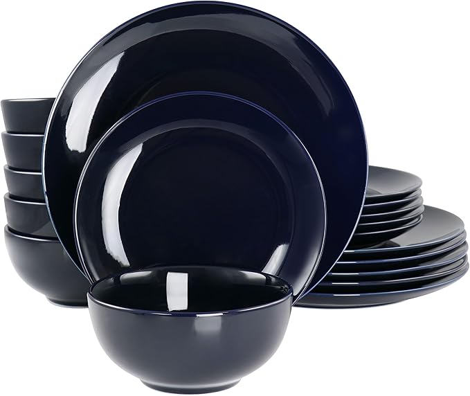 18 Piece Porcelain Dinnerware Set in Dark Blue Solid Casual Round Dishwasher Safe