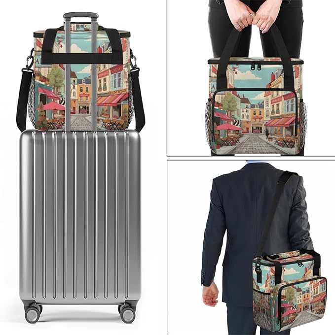 Cartoon Streetscape Coffee Maker Travel Bag for Keurig K-Mini/K-Mini Plus Insulated Waterproof Tote with Pockets for K-Cup Portable Single-Serve Brewer Case