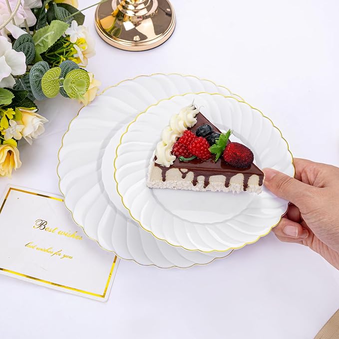 U-QE 100 Pieces Gold Plastic Plates - Premium White Plastic Plates for Party Wedding and Daily Use Including 50PCS 9 '' Plastic Dinner Plates &amp 50PCS 6.5 '' Plastic Dessert Plates