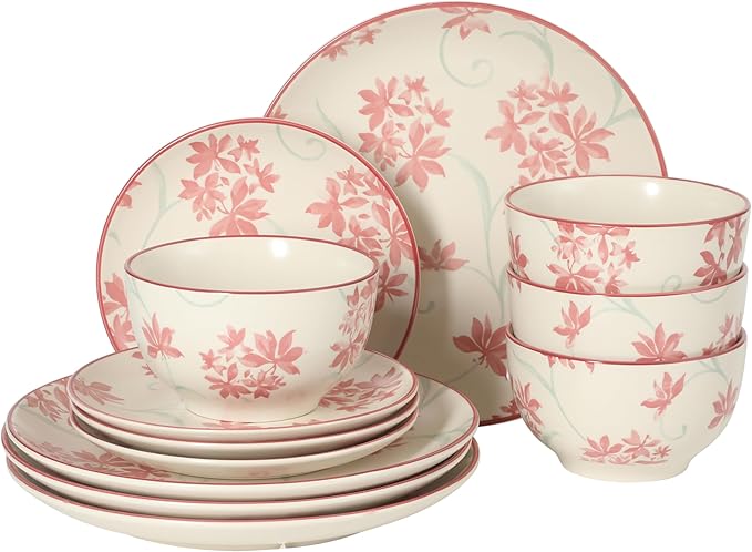 Gibson Home Admiral Hall 12-Piece Matte Stoneware Dinnerware Set – Dinner Plates Salad Plates &amp Bowls with Pink Floral Pattern Durable Everyday Dish Set Microwave &amp Dishwasher Safe