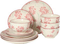 Gibson Home Admiral Hall 12-Piece Matte Stoneware Dinnerware Set – Dinner Plates Salad Plates &amp Bowls with Pink Floral Pattern Durable Everyday Dish Set Microwave &amp Dishwasher Safe