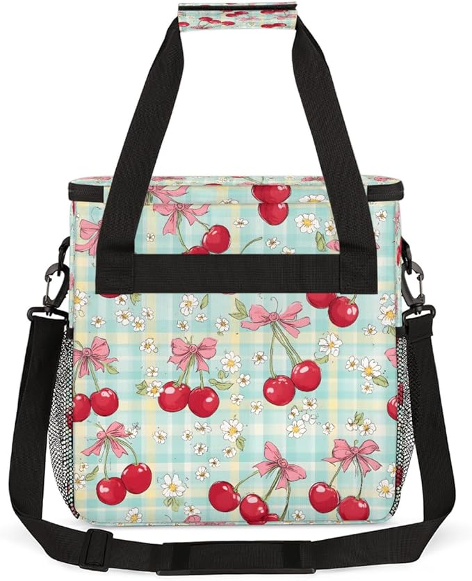 Cherries White Flowers Coffee Maker Carrying Bag Coffee Machine Travel Storage Bag Compatible with K-Mini or K-Mini Plus Portable Single Serve Coffees Brewer Case with Pockets for K-Cup Pods