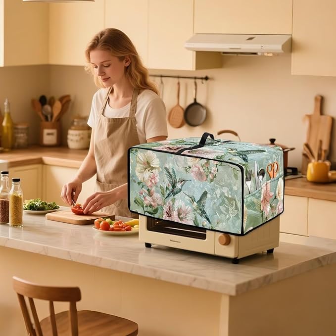 Toaster Oven Heat-Resistant Modern Toaster Oven Heavy Duty Microwave Cover with Storage Side Pockets Protects from Appliances Spills Stain Hummingbird Couple