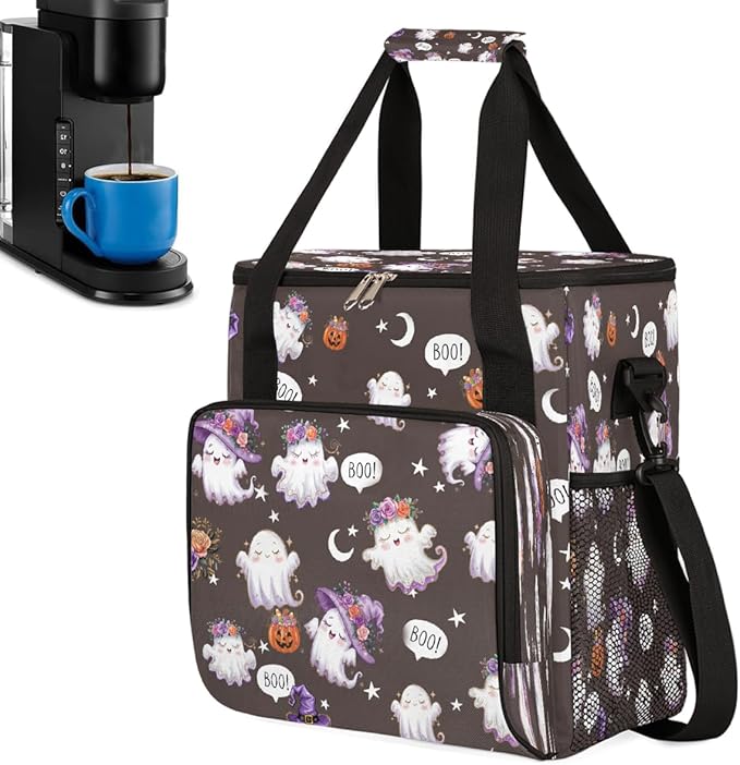 Halloween Flower White Ghost Coffee Maker Carring Bag Travel Carrying Storage Tote Bag Compatible with Keurig K-Mini or K-Mini Plus Portable Single Serve Coffee Brewer Case with Pockets