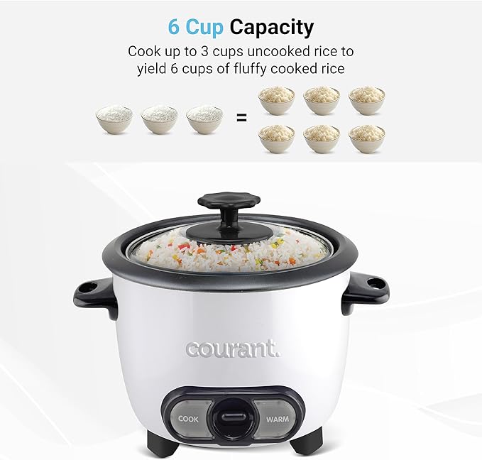 Courant Rice Cooker 6-Cup (Cooked) Removable Non-Stick Bowl One Touch Rice Cooker White