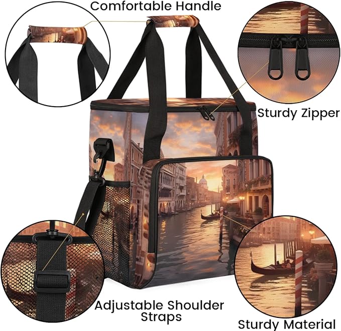 Water City Landscape Coffee Maker Travel Bag for Keurig K-Mini/K-Mini Plus Insulated Waterproof Tote with Pockets for K-Cup Portable Single-Serve Brewer Case