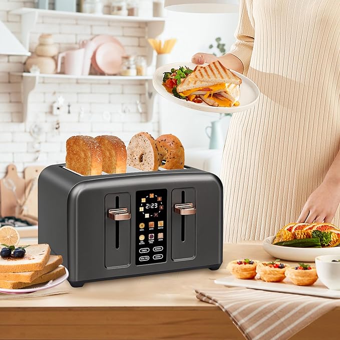 SEEDEEM Toaster 4 Slice Full Touch control Toaster LCD Display 6 Bread Type 7 Shade Settings 1.4''Wide SlotsMore Time Function Removable Crumb Tray 1800W Dark Metallic