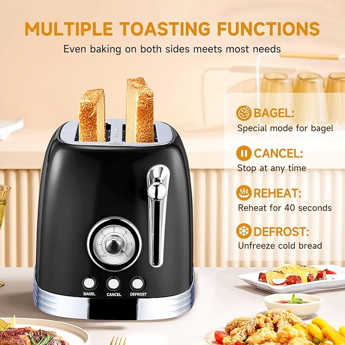 Glossy Black Cute Retro Toaster 2 Slice with 1.58 Wide Slots Bread toaster with Cover and Warm Rack Stainless Steel Toaster with Removable Crumb Tray Preheat Defrost Cancel Function