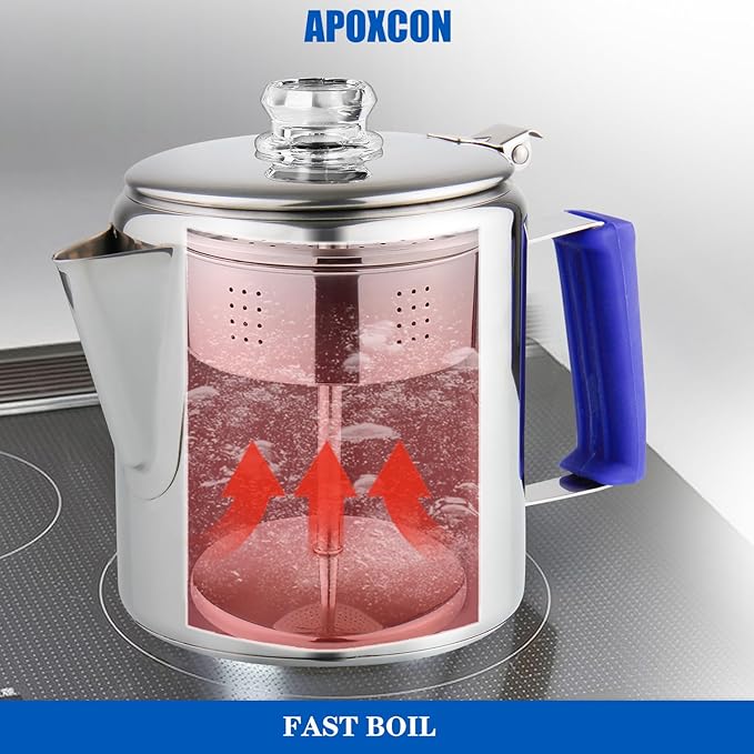 Multi Use Percolator Coffee Pot Stainless Steel Stove Top Coffee Maker with Two Tough Borosilicate Glass Knob Silica Handle Camping Coffee Pot Using on Campfire Stove &amp Induction Cooker Silver 6 C