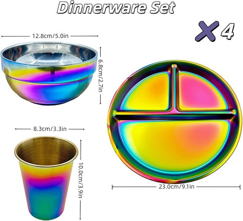 12-Piece Stainless Steel Rainbow Dinnerware Sets for 4 Unbreakable Reusable Divided Plates Bowls Cups Round Dishwasher Safe for Kitchen Camping Picnic RV
