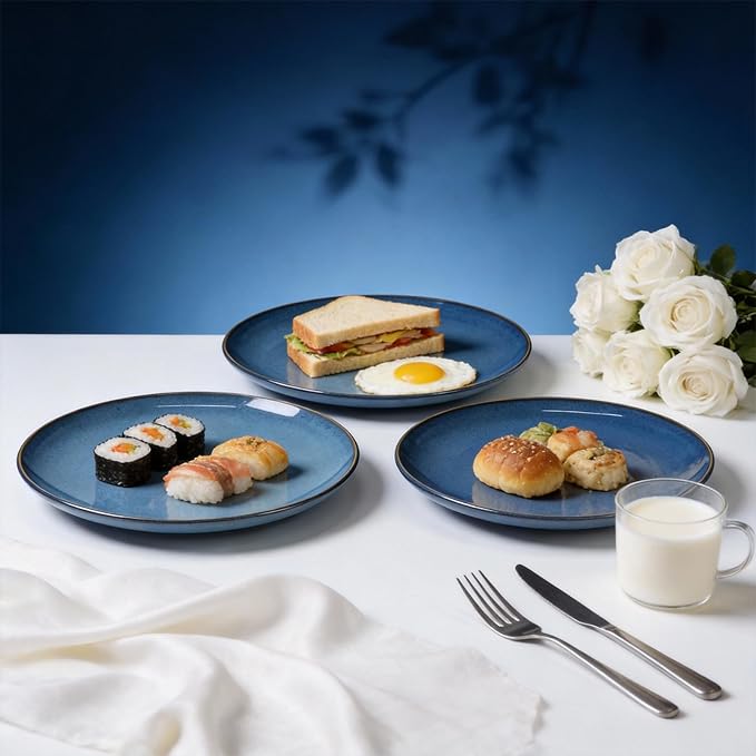 Organic Shape Highland Ceramic Dinner Plates 12pcs 10.5 Inch Handmade Reactive Glaze Stoneware Plates with Wavy Edge for Kitchen Microwave &amp Dishwasher Safe Scratch Resistant-Blue