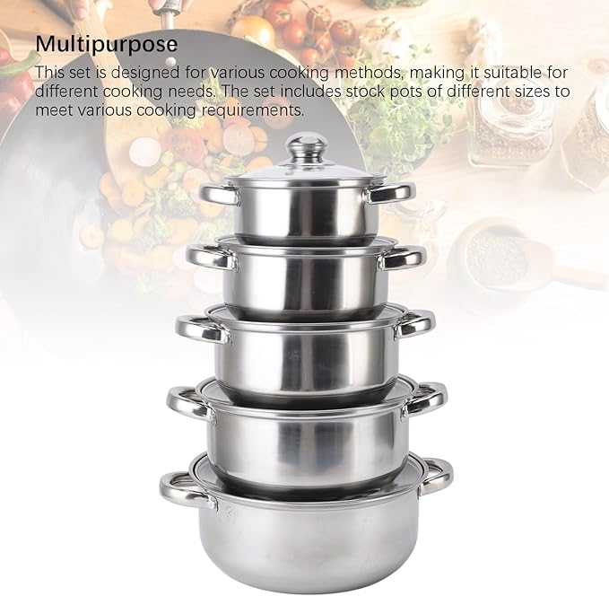 5pcs Pots Kitchen Cookware Set 6.3-9.4in Stainless Steel Saucepan with Glass Lid 2 Handle Non Stick Stockpot Soup Pot for Cooking Dishwasher Safe Induction