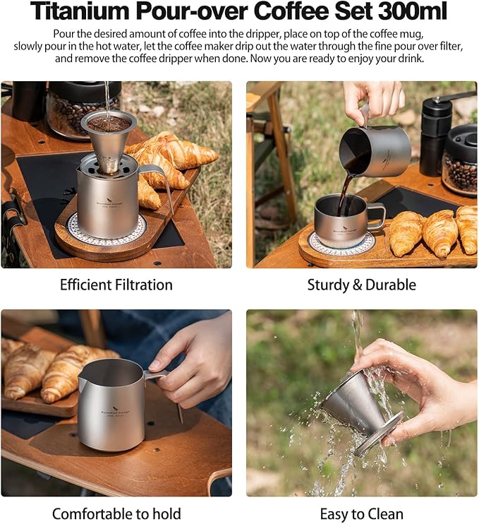 Boundless Voyage Titanium Pour-over Coffee Maker Set Coffee Mug with Reusable Detachable Dripper Manual Reusable Cone Filter for 1-2 Cups 6008P