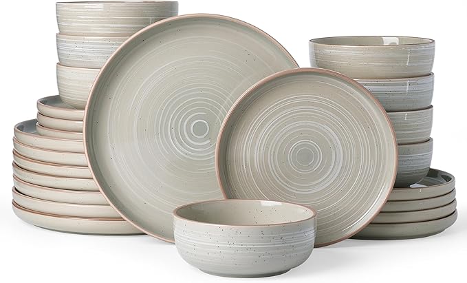 Famiware Meteor Plates and Bowls Sets 24-Piece Stoneware Dinnerware Sets Dishes Set for 8 Microwave and Dishwasher Safe Tableware Matcha Green