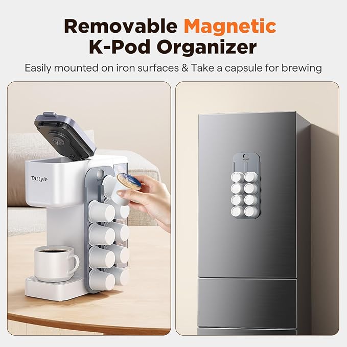 Hot &amp Iced Coffee Maker with Magnetic K-Pod Organizer (Pods Not Included) Stores 10 Pods 4-5 Cups Coffee Maker &amp Single-serve Brewer for K Cup &amp Grounds 40oz Removable Water Tank White