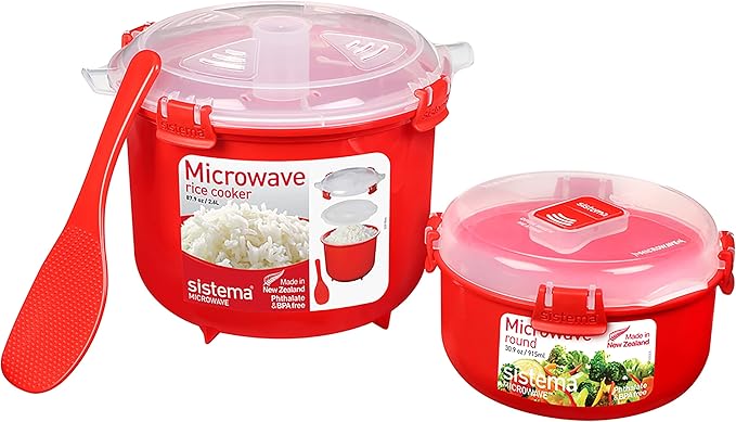 Sistema Microwave Rice Cooker and Steamer Bowl for Vegetables with Steam Release Vent Dishwasher Safe Red &amp Microwave Food Storage Containers with Steam Release Vent Dishwasher Safe Red