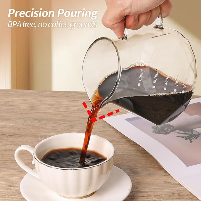 Pour Over Coffee Maker 20 OZ 6 Cup Borosilicate Glass Drip Coffee Maker with 40 pcs V60 Paper Filter and Walnut Grip for Home Café 600 ML