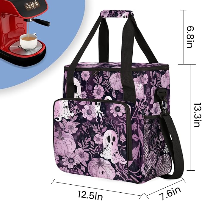 Ghosts Pumpkins Flowers Coffee Maker Carrying Bag Travel Storage Bag Compatible with K-Mini or K-Mini Plus Single Serve Coffee Brewer Carrying Case with Multiple Pockets &amp Shoulder Strap