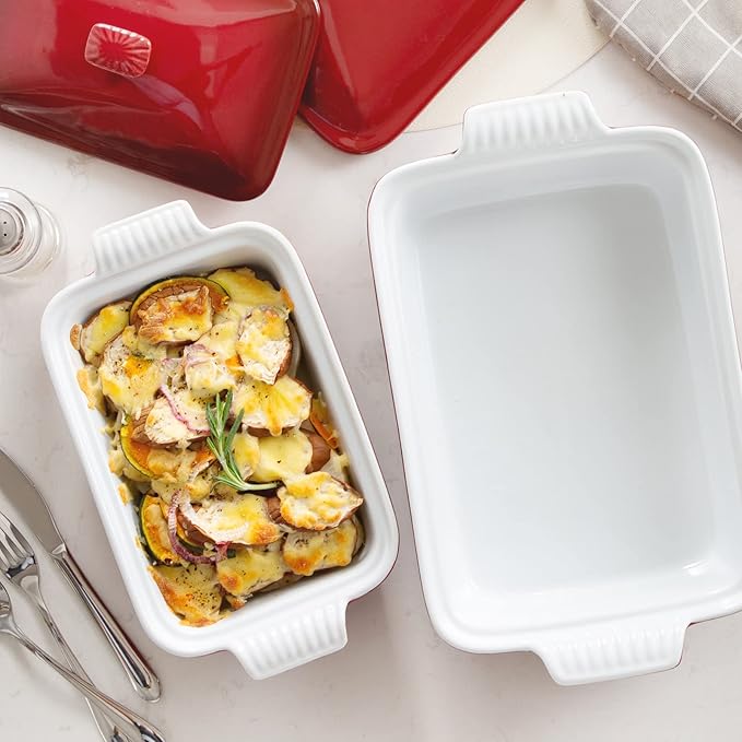 vancasso Blossom Casserole Dish With Lid 1.9 Quart Casserole Dish for Oven 12x7 Baking Pan with Handles Casserole Baking Dish Lasagna Pan with Lid Microwave Dishwasher Safe Red
