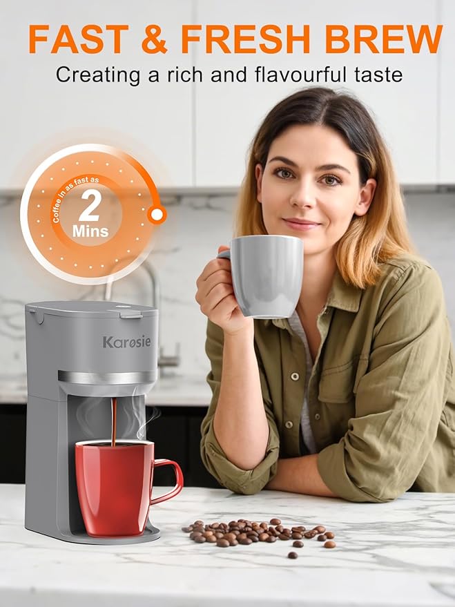 Single Serve Coffee Maker for K-Cup and Ground Coffee Fast Brew 6-12 oz Brew Sizes One Cup Coffee Machine Fits 5.5 Mugs One-Button Small Coffee Maker with Descaling ReminderGrey
