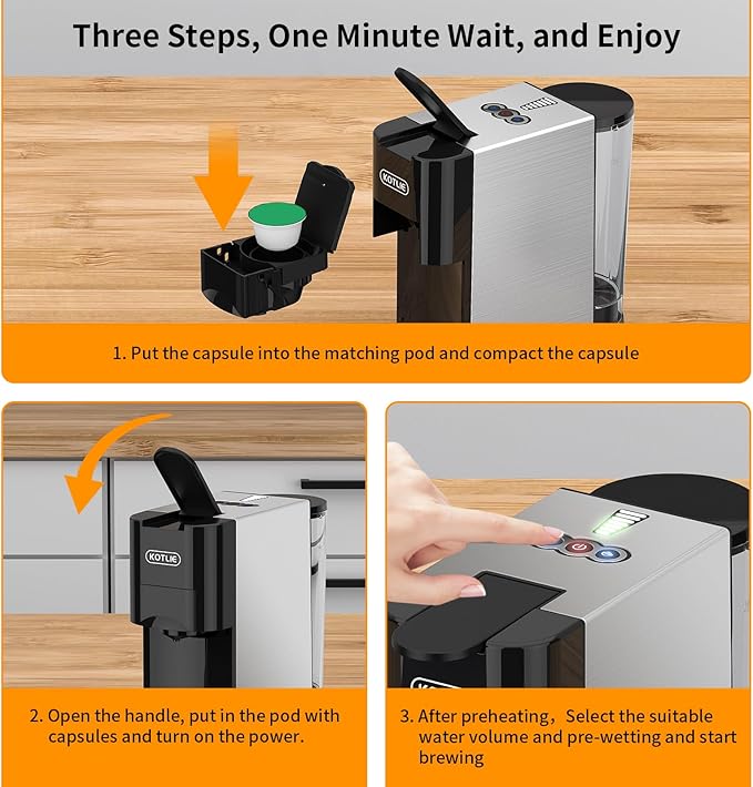 KOTLIE 19Bar Pressure Single Serve Coffee Maker Multifunctional 5in1 Coffee Machine for NES* Original/Dolce Gusto/K cup/Ground Coffee/illy 44mm ESE Cold&ampHot Brew Level 7 watervolume (AC-513HF)