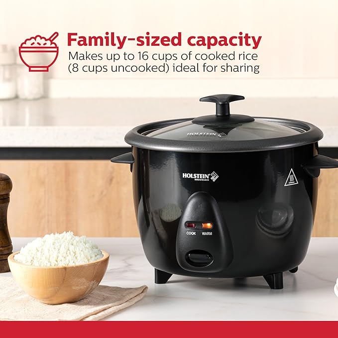 Holstein Housewares 16-Cup Cooked (8-Cup Uncooked) Rice Cooker Black – One-Touch Operation with Cook &amp Keep Warm Functions Perfect for Rice Quinoa Oatmeal Stews &amp Grains