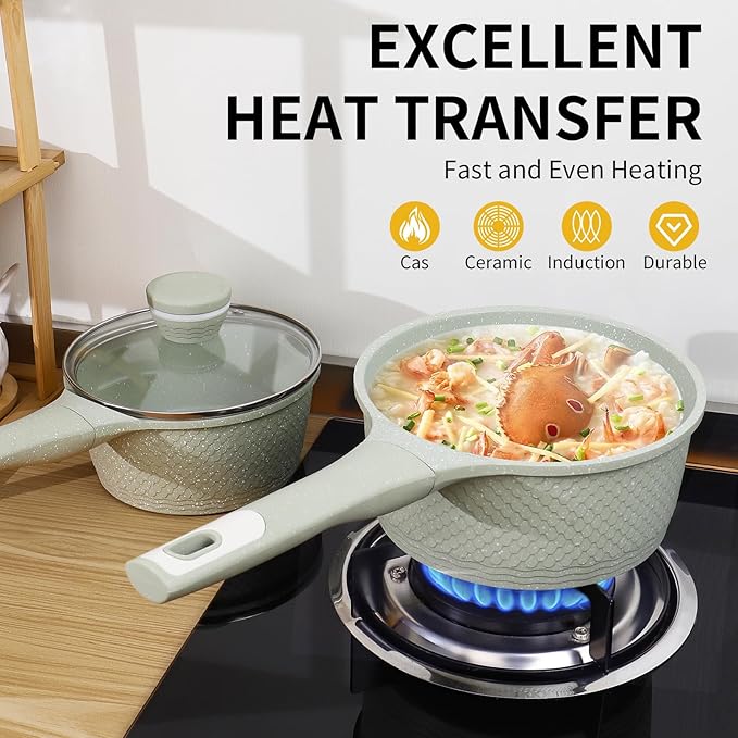 Non stick Frying Pans with Lid 11 in + Sauce pan set 4 Pcs 1.5Qt &amp 2.0Qt SaucePan Set with Lid