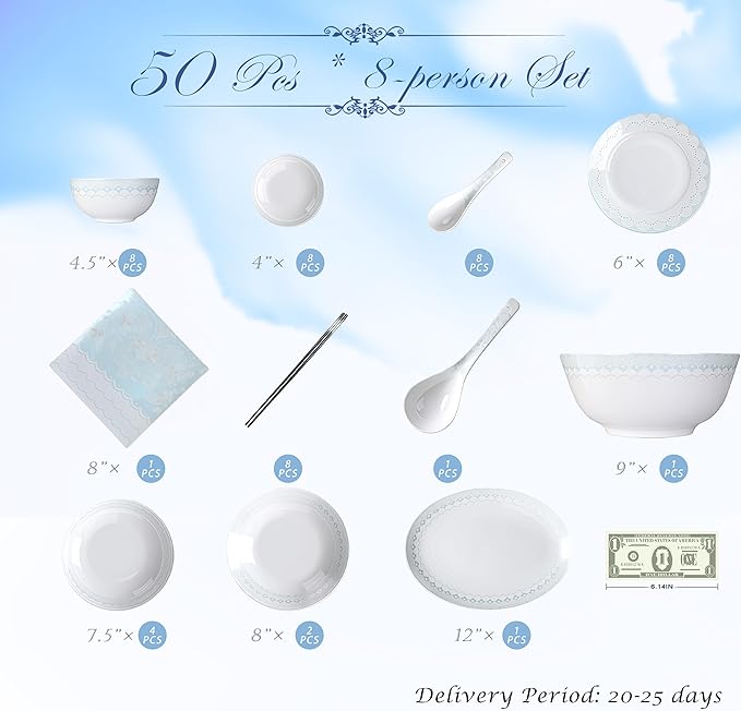 Fine Bone China Dinnerware SetPorcelain&ampCeramic Dinnerware SetsBone Stoneware &amp Ceramic Cookware Tableware Set Includes Dinner Plates|Spoons|Pasta Bowls|Soup Pot|Chopsticks (50PCS * 8-Person