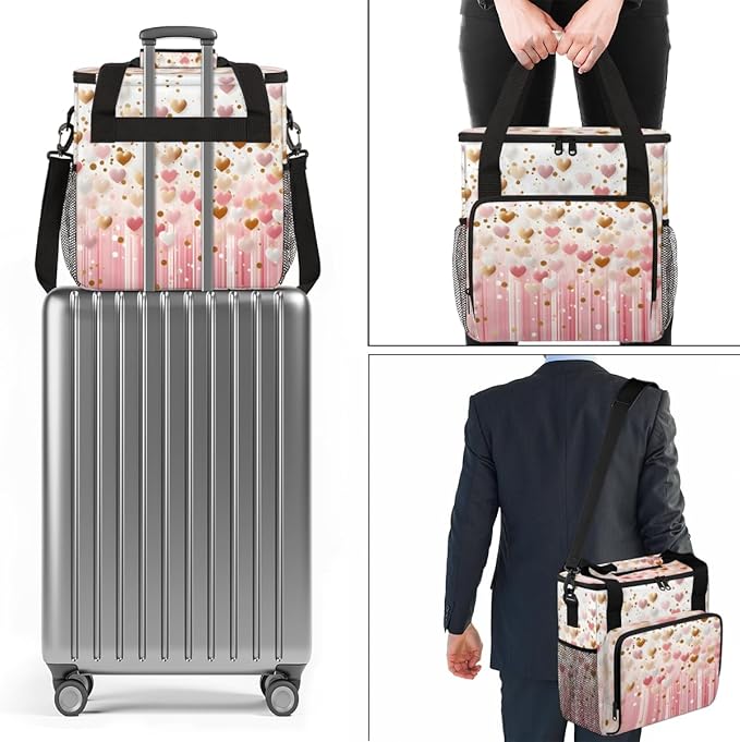 Pink Gold Heart Coffee Maker Carrying Bag Portable Travel Storage Tote Bag Compatible with K-Mini or K-Mini Plus Single Serve Coffee Brewer Carrying Case with Multiple Pockets &amp Shoulder Strap