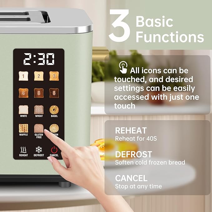 SEEDEEM Toaster 2 Slice Touch Control Screen Smart Stainless Toaster 6 Shade Setting 6 Bread Selection Countdown Removable Crumb Tray 900W Mint Green